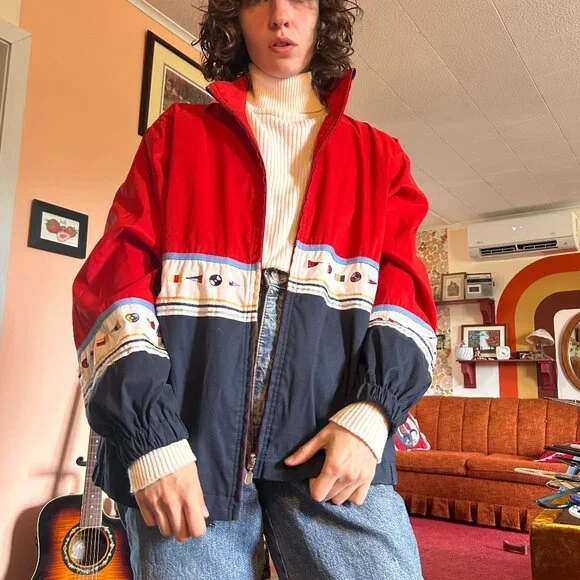 1990s retro color blocked embroidered drop sleeve windbreaker with boat flags - - Picture 2 of 13